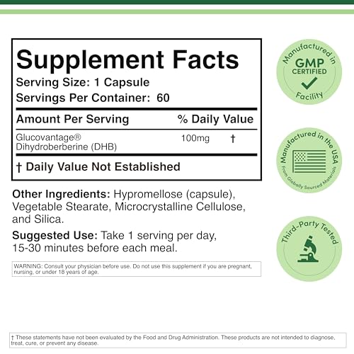 Dihydroberberine Supplement 100mg, 60 Capsules (Patented GlucoVantage Super - OmniHealth US
