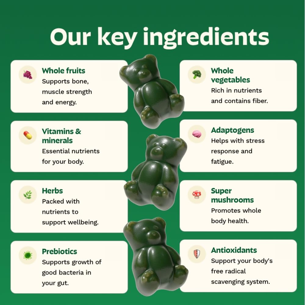 Gruns Adult Super Greens Multivitamin Gummies, Superfood Gummy Vitamins for Women and Men with Spirulina, Chlorella - OmniHealth US