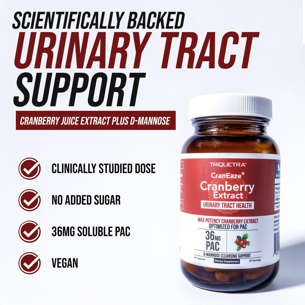 CranEaze®: Cranberry Juice Extract Plus D-Mannose – 36 mg PAC, 100% Soluble PAC - Supports Urinary Tract Health – Most Effective Cranberry Pills for Women, OmniHealth US