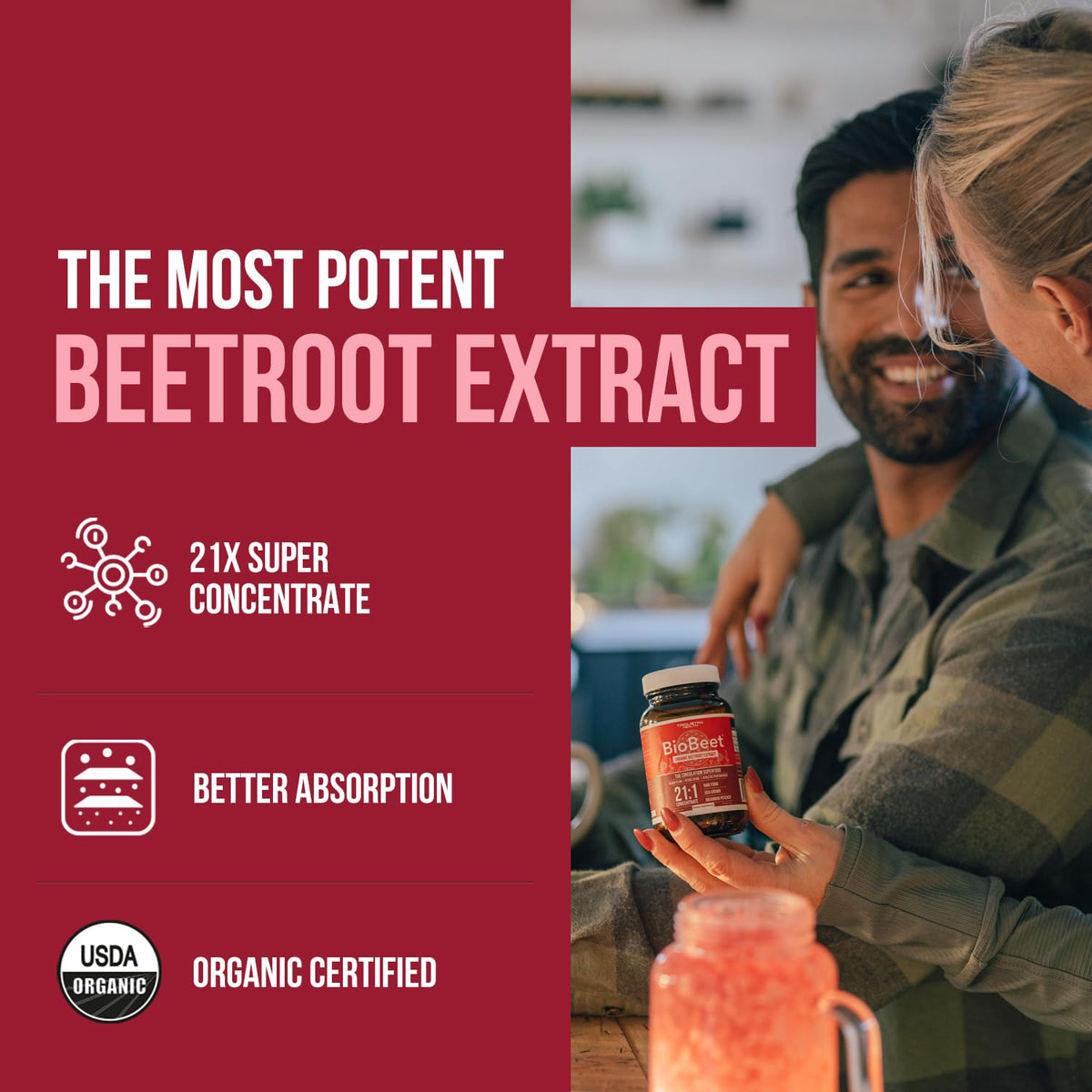 BioBeet® Max Strength Beet Root Capsules - 21:1 Concentrate, Each Serving Derived from 28,350 mg Organic Beetroot - Absorption Enhancement - OmniHealth US