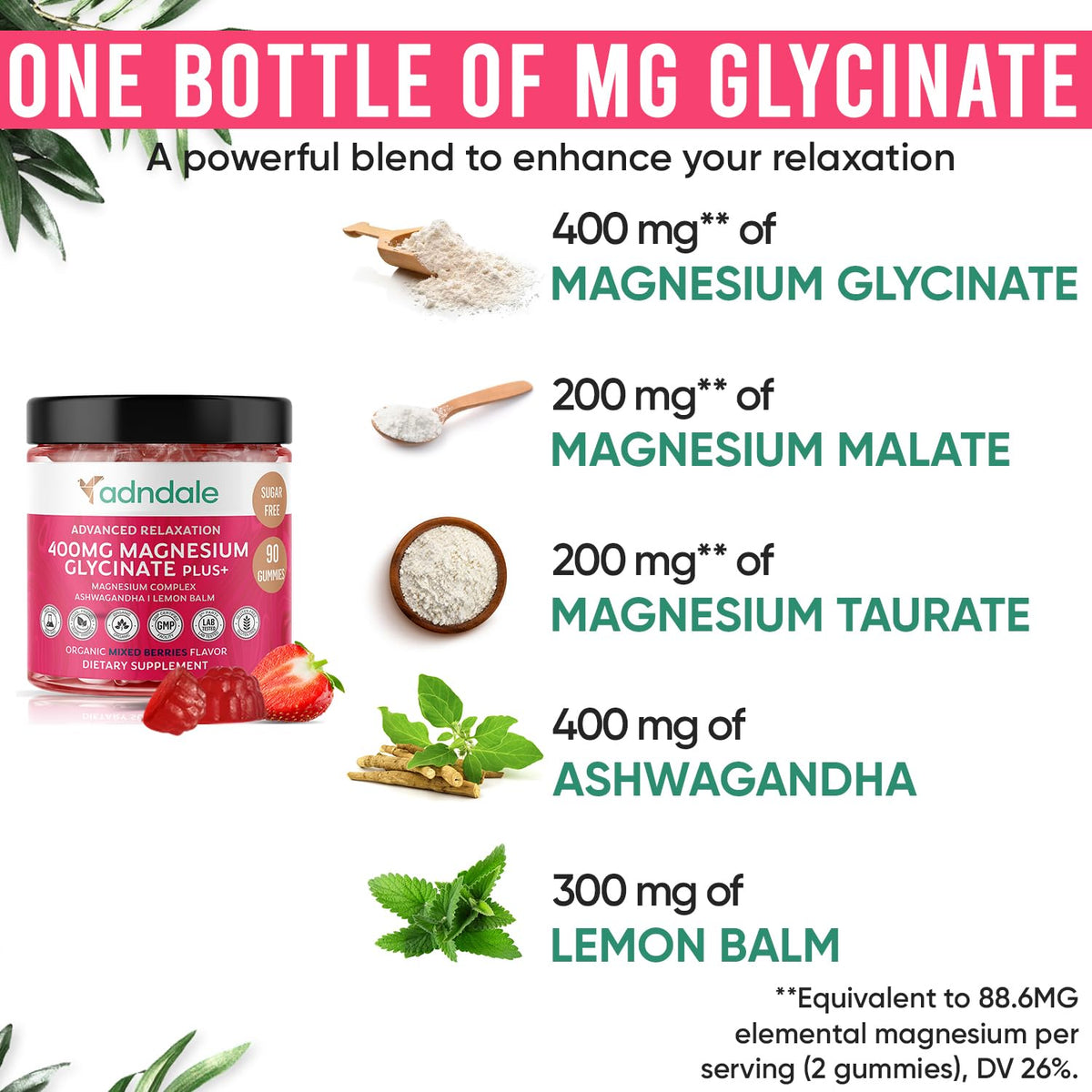 Adndale 90 CT Magnesium Glycinate 400 mg Gummies with Ashwagandha, Magnesium Malate & Taurate, Sugar Free Magnesium Gummies - OmniHealth US