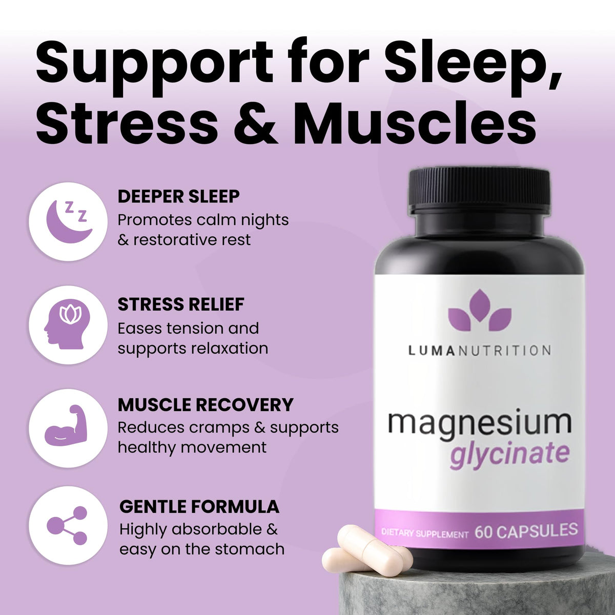 Luma Nutrition Magnesium Glycinate 1000mg - Support Stress, Sleep, Nerve & Muscle Health - 500mg Pure Magnesium Supplement Capsules - OmniHealth US