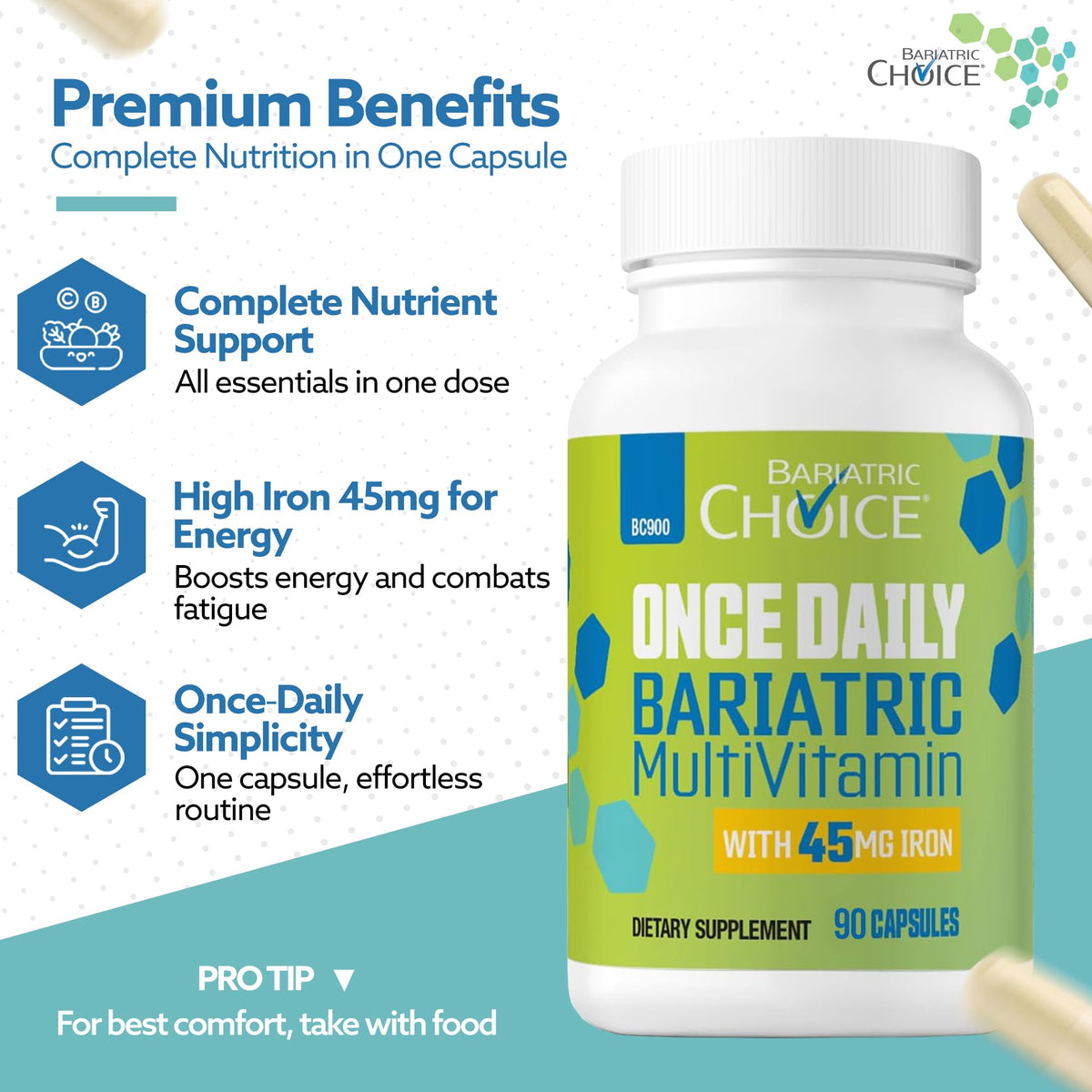 Bariatric Choice Once-Daily Bariatric Multivitamin with 45 mg of Iron | Easy to Swallow Capsule | Vitamin for Bariatric Surgery Patients - OmniHealth US