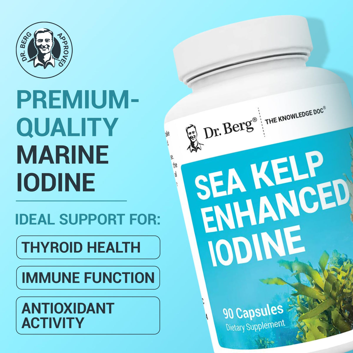 Dr. Berg Sea Kelp Enhanced Iodine - 200 mcg of Premium Iodine - Seaweed Blend Includes Klamath Blue-Green Algae & Sea Kelp - 90 Capsules - OmniHealth US