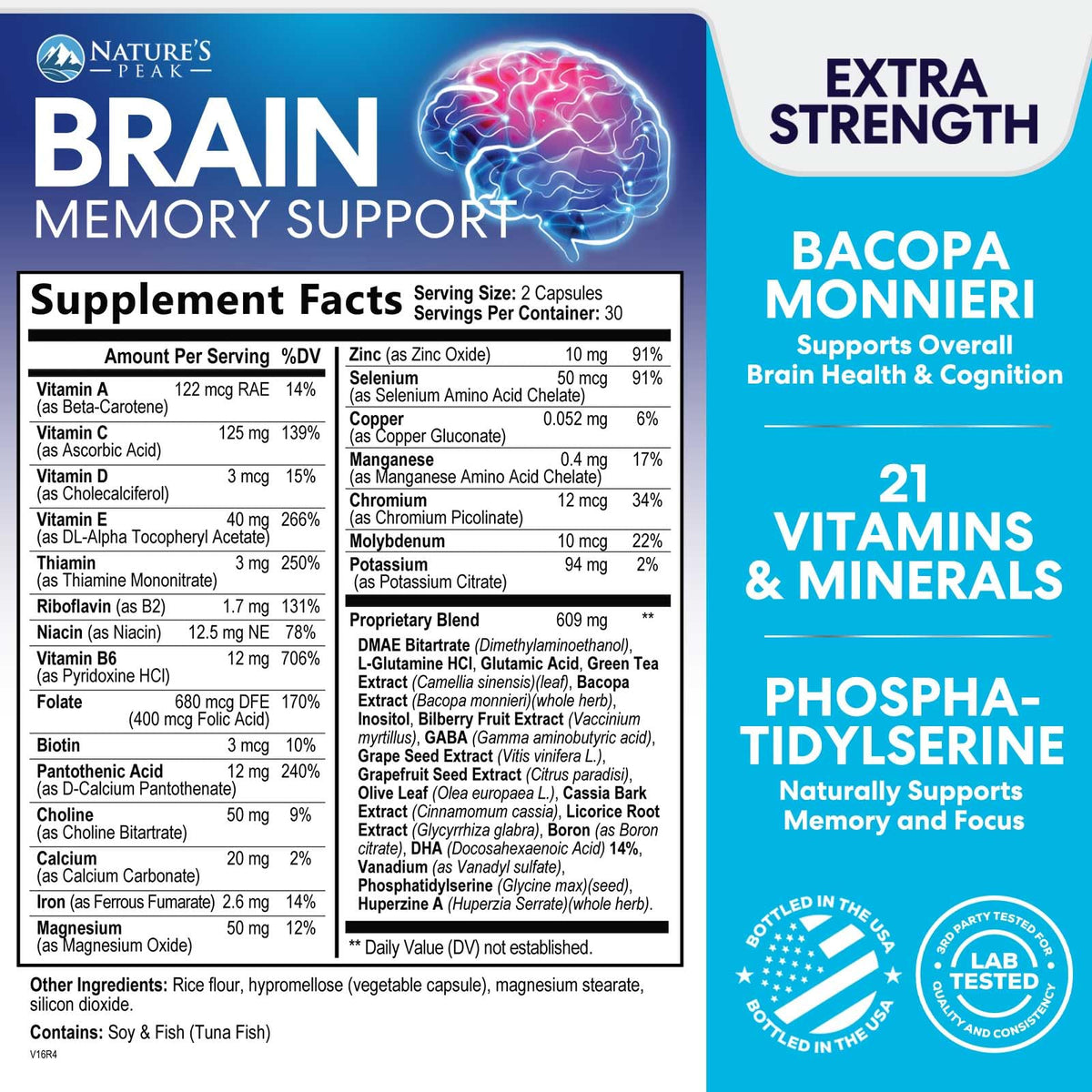 Brain Memory Supplement - 3X Strength Nootropics for Concentration, Clarity & Focus Support - Brain Health Cognitive Vitamins with Bacopa, Phosphatidylserine & DMAE, Brain Booster Pills, 60 Capsules Nature's PeakBuy Supplements Australia