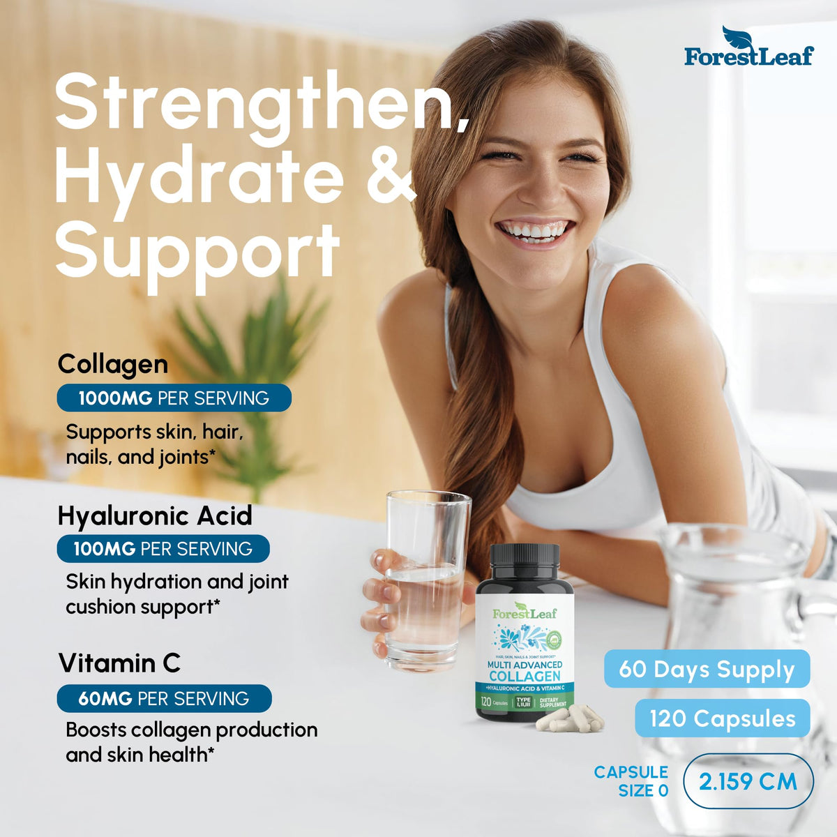 ForestLeaf Multi Collagen Pills with Hyaluronic Acid + Vitamin C | Hydrolyzed Collagen Supplements for Women or Men | Multi Collagen Capsules Peptides for Skin - OmniHealth US