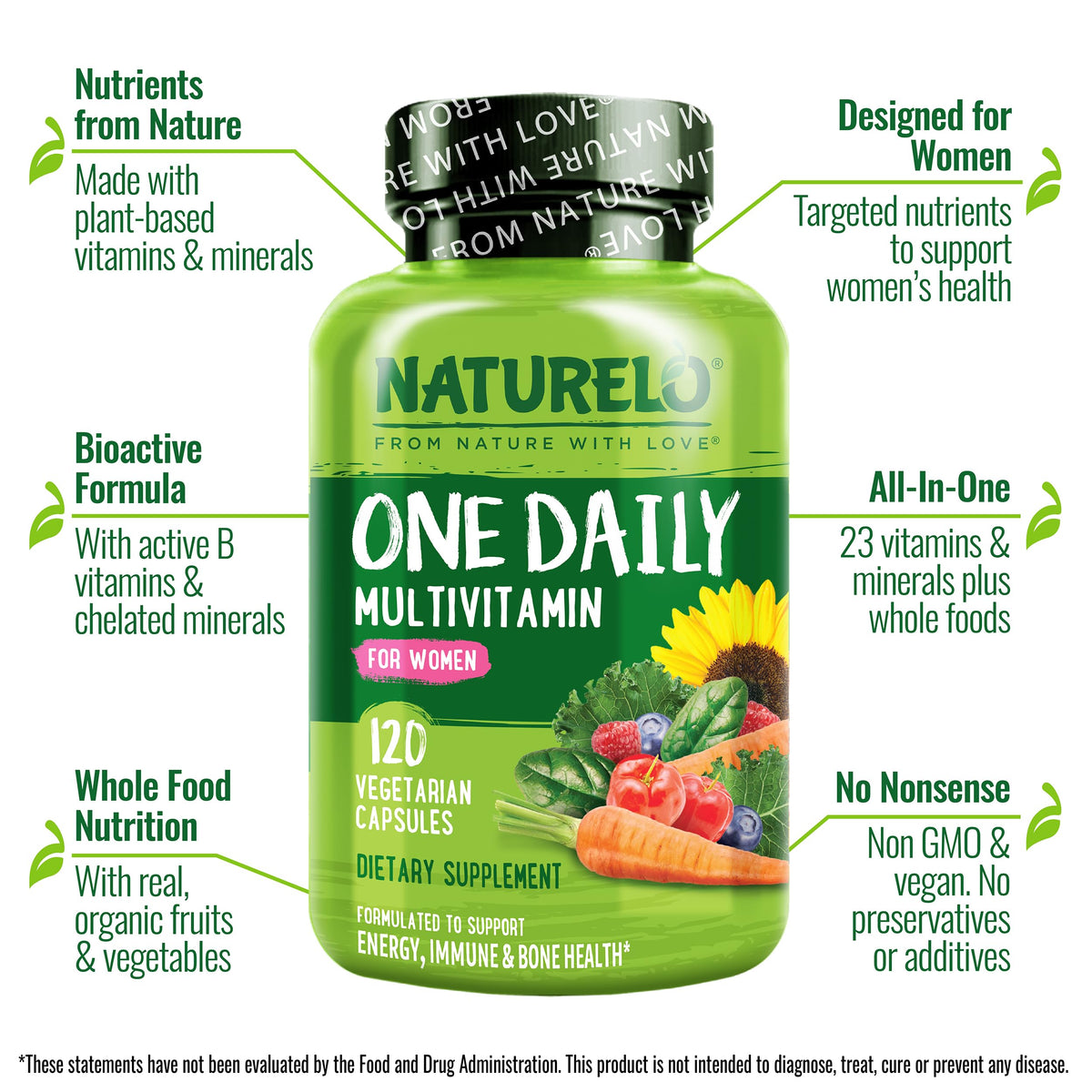 NATURELO One Daily Multivitamin for Women w/Vitamin B12, 120 Ct, Energy Support, Whole Food Daily Women Multivitamin Supplement, Nourish Hair/Skin/Nail, Non-GMO - OmniHealth US