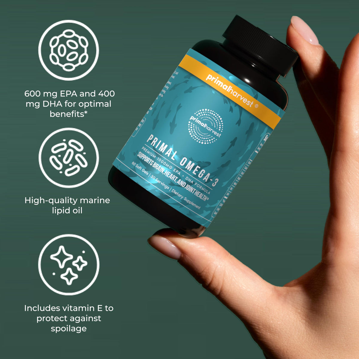 Primal Harvest Omega 3 Fish Oil Supplements, 30 Servings Soft Gels Capsules w/ 1000mg EPA + DHA Supplements - OmniHealth US