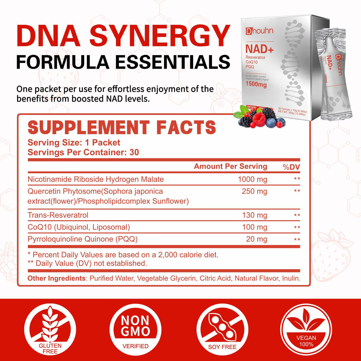 DNOUHN NAD Liquid Supplement 1500mg, Nicotinamide Riboside & Resveratrol with PQQ, NAD Supplement for Women & Men, Boosts Cellular Energy, Anti-Aging, Immune, Focus, 30 Packets - Maple Wellness Supplements