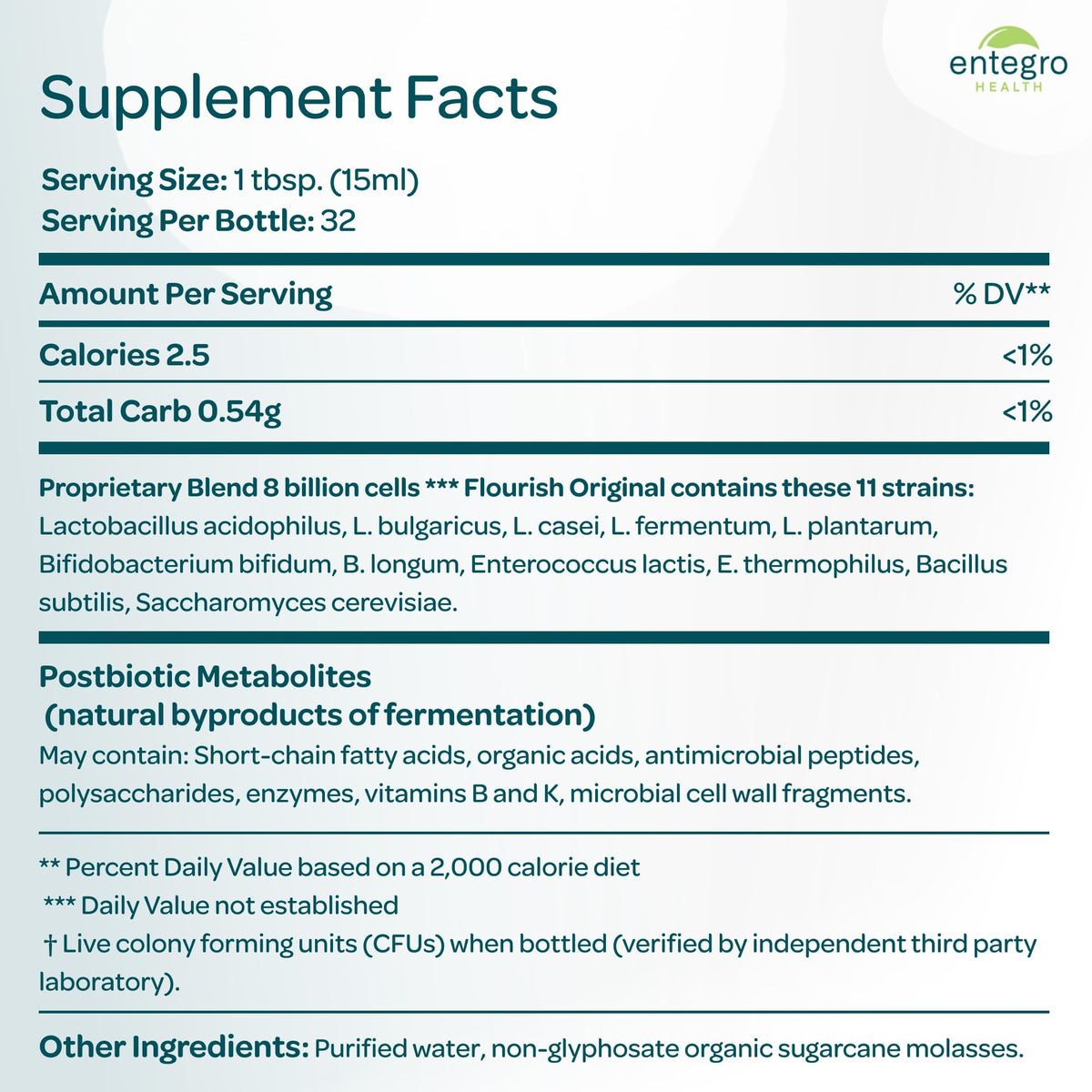 ENTEGRO Flourish Original Liquid Probiotic & Postbiotic Supplement - Glass | 11 Live Cultures | Gut & Digestive Health for Women, Men & Kids | Organic, Vegan - Maple Wellness Supplements