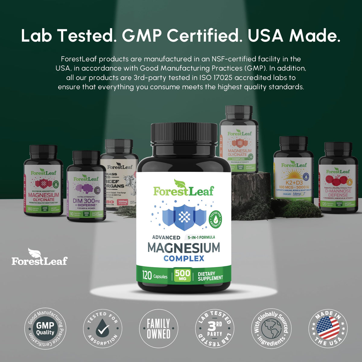 ForestLeaf Magnesium Complex for Women and Men - 500mg Magnesium Supplement for Sleep - 5-in-1 Chelated Magnesium Citrate, Bisglycinate, Malate, Taurate, Oxide (120 Ct) - Maple Wellness Supplements