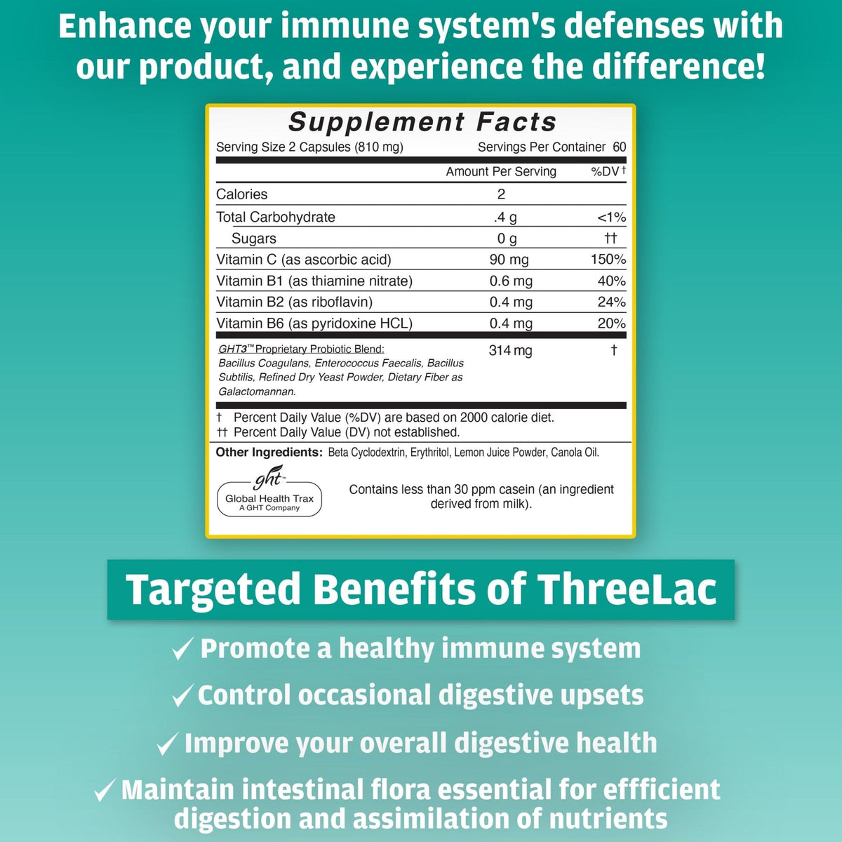 Global Health Trax GHT - ThreeLac Probiotic Capsules, 480 Count - Comprehensive Digestive Support for Men, Women, and Children - Immune System and Gut Balance, Non-GMO - Maple Wellness Supplements