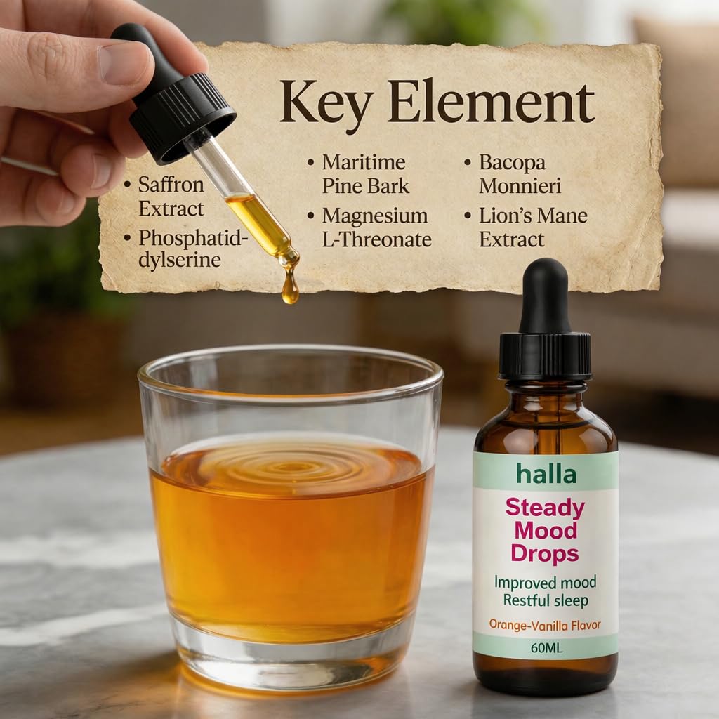Halla Steady Mood Drops, with Saffron Extract – Fast Absorption Cognitive & Emotional Balance Supplement – Advanced Brain Nutrient Blend – Orange Vanilla Flavor, 2 fl oz - Maple Wellness Supplements