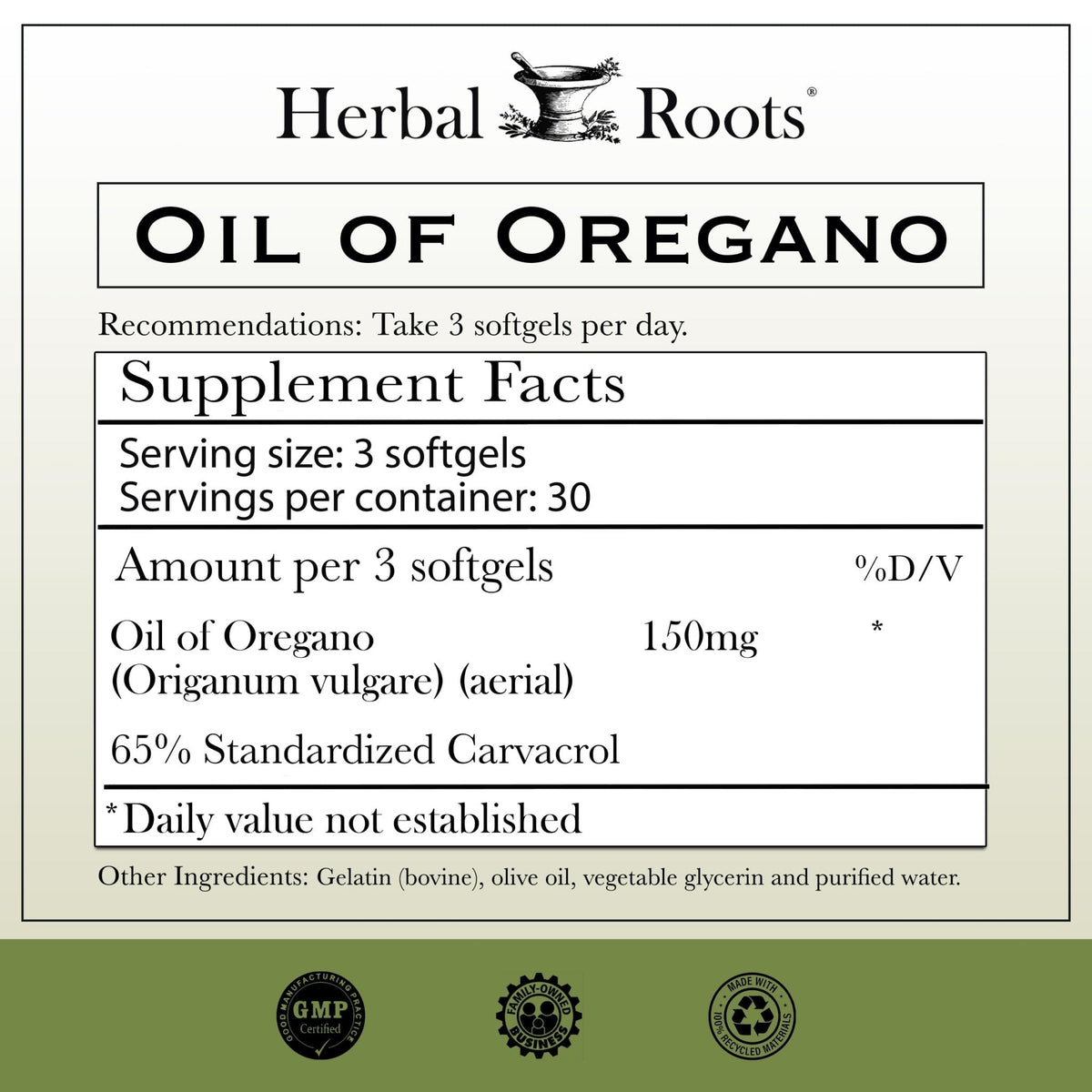 Herbal Roots Oil of Oregano - Made from Mediterranean Oregano Oil - 90 Easy to Swallow Softgel Capsules - Extra Strength 150mg - Maple Wellness Supplements