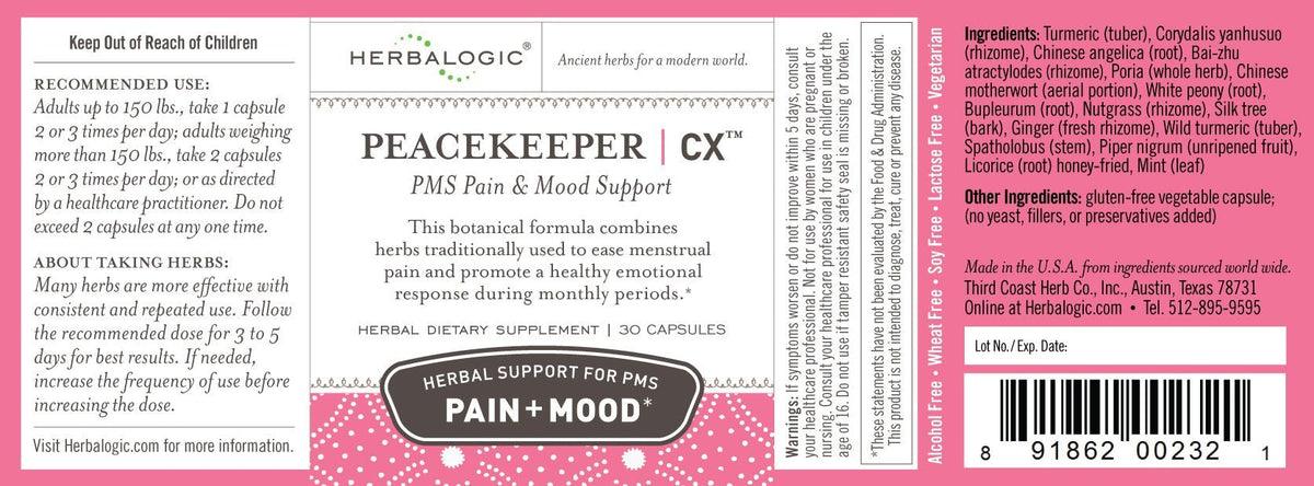 Herbalogic - Peacekeeper CX Herb Capsules - Reduces PMS Related Mood Swings - Reduces Cramps & Pain Associated with Monthly Periods - Contains Turmeric & Corydalis - 30 Cap Count - Maple Wellness Supplements