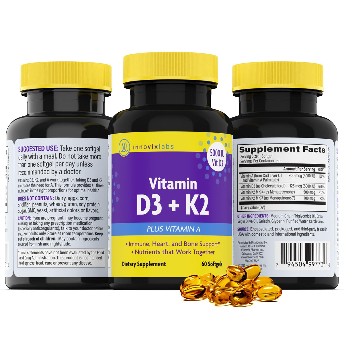 InnovixLabs Vitamin D3 K2-5000 IU Vitamin D3 Plus 600 mcg Vitamin K2 MK4 and MK7 for Max Calcium Absorption, Supports Bone, Immune, Heart Health - Maple Wellness Supplements