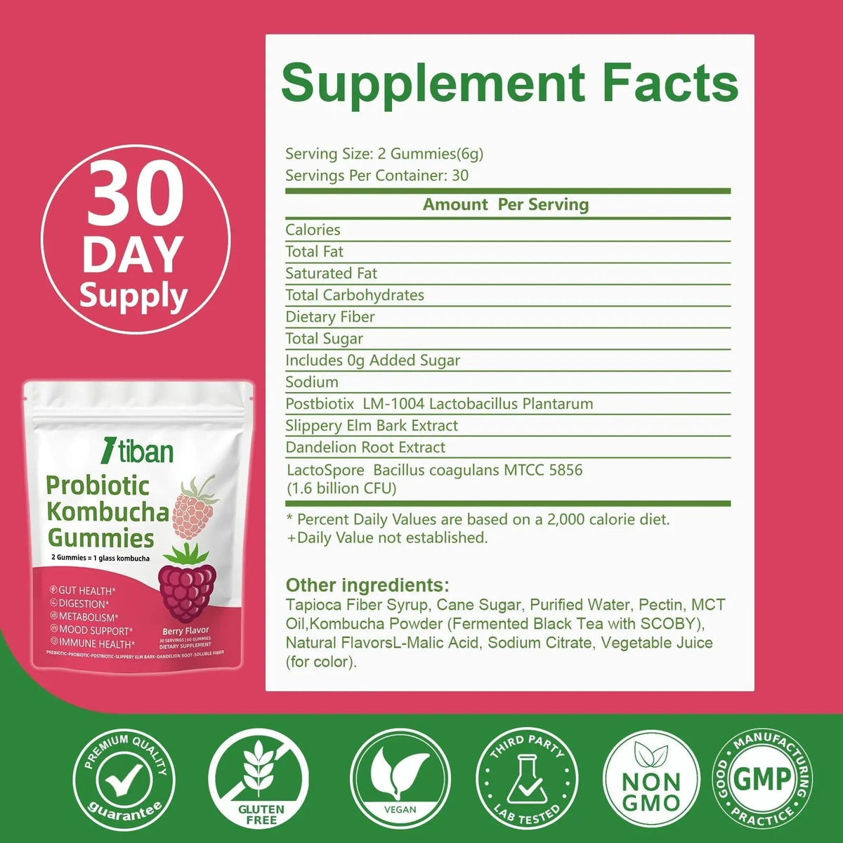 Itiban Probiotic Kombucha Gummy - Prebiotics, Probiotics, Postbiotics, Fiber Supplement, Slippery Elm for Bloating, Gut Health, Women and Men, 60ct - Maple Wellness Supplements
