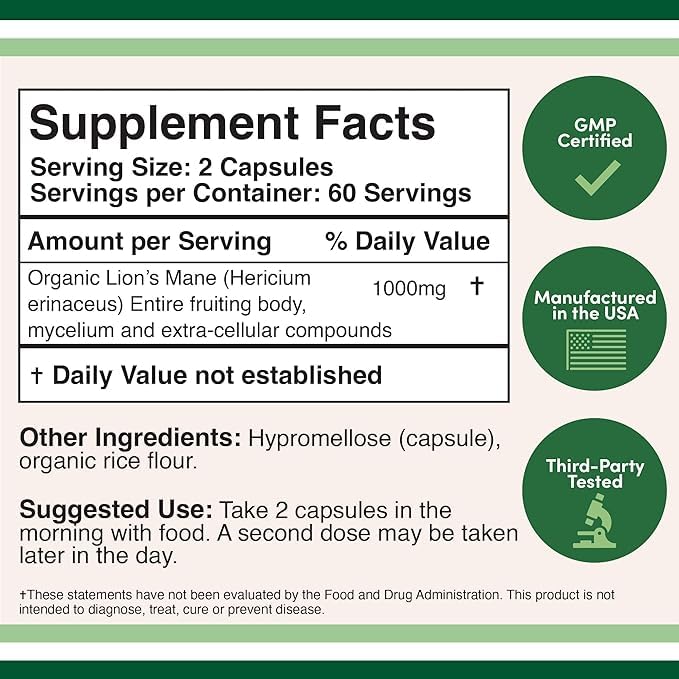 Lions Mane Supplement Mushroom Capsules (Two Month Supply - 120 Count) for Brain - Maple Wellness Supplements