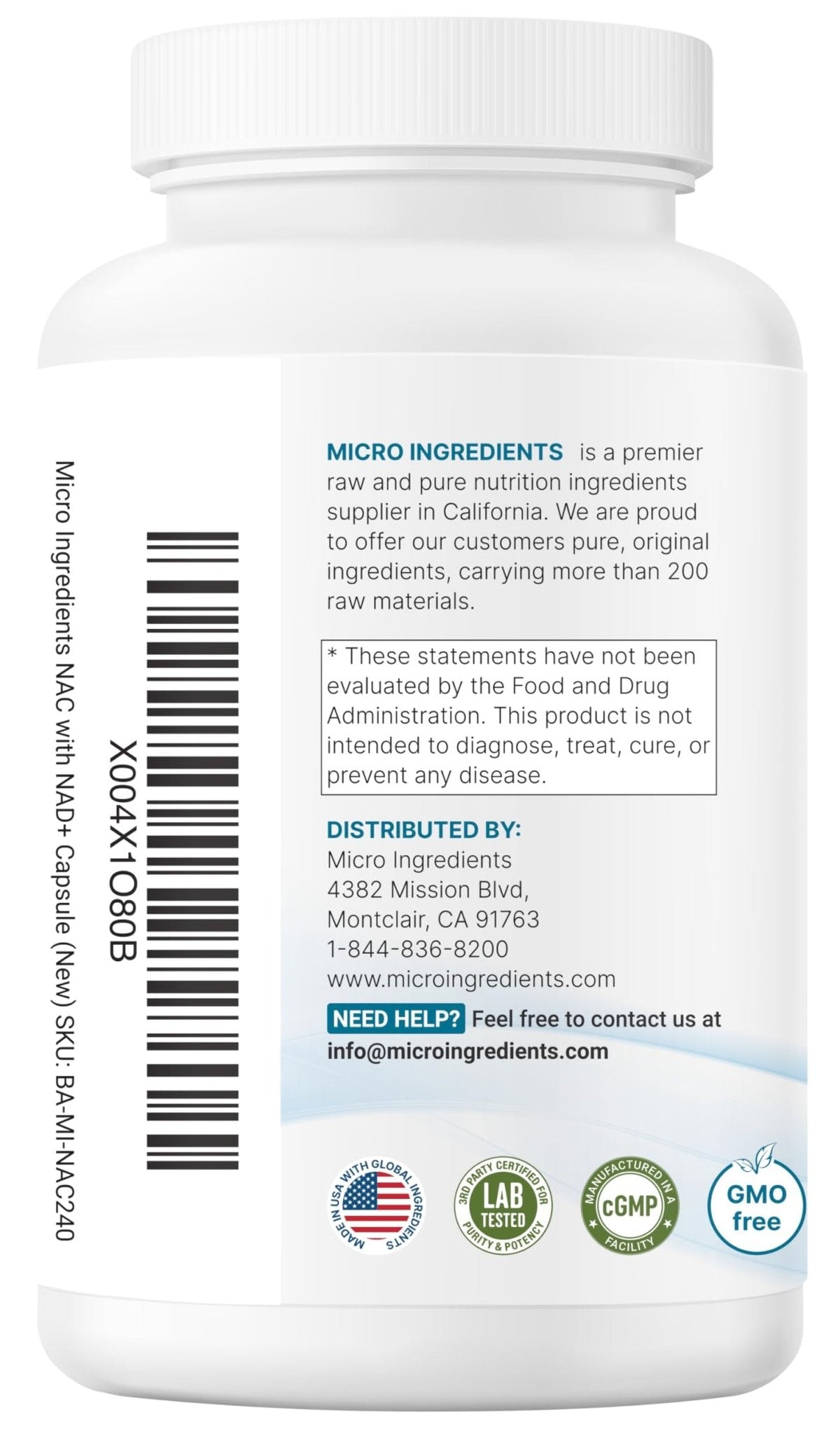 Micro Ingredients NAC with NAD+, 240 Vegetarian Capsules | 1,200 mg Per Serving | 2-in-1 N-Acetyl-L-Cysteine with Nicotinamide Adenine Dinucleotide - Maple Wellness Supplements