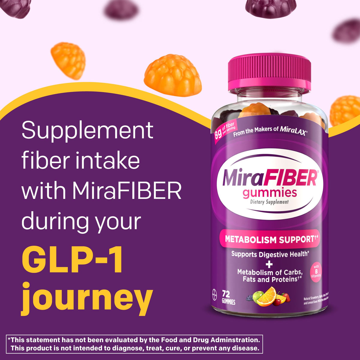 MiraFIBER Gummies from The Makers of MiraLAX, 8g of Daily Fiber Per Serving, Metabolism Support with B Vitamins, Gut Health for Men & Women - Maple Wellness Supplements