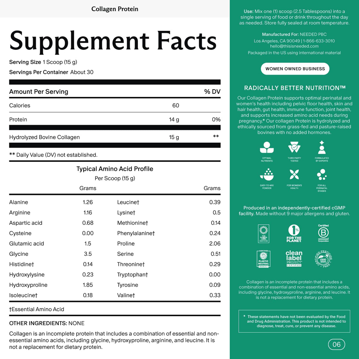Needed. Hydrolyzed Collagen Protein Powder | Expert-Backed & Clean Sourced | Supports Skin, Hair, Joints | Grass-fed, Pasture-Raised, Hormone-Free | 1lb - Maple Wellness Supplements