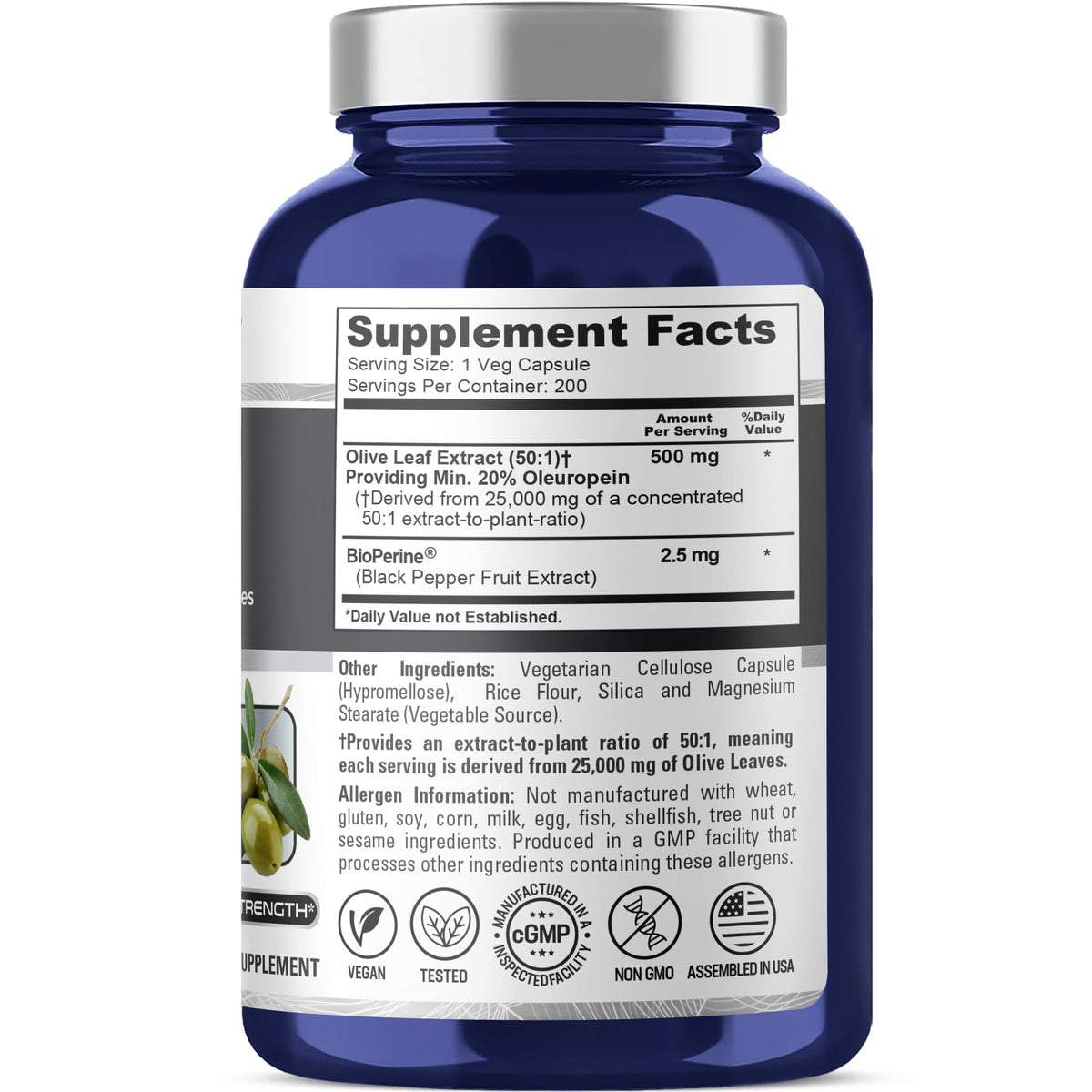 NusaPure Olive Leaf 20% Oleuropein 50:1 Extract, 500 mg Equivalent to 25,000 mg 200 Veg Caps Suitable for Vegetarians and Vegans, Non-GMO - Maple Wellness Supplements
