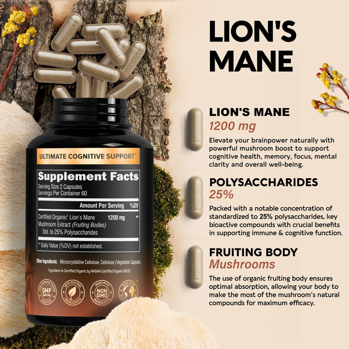 Organic Lions Mane - Certified Mushroom Supplement - Made in USA - Fruiting Bodies - Maple Wellness Supplements