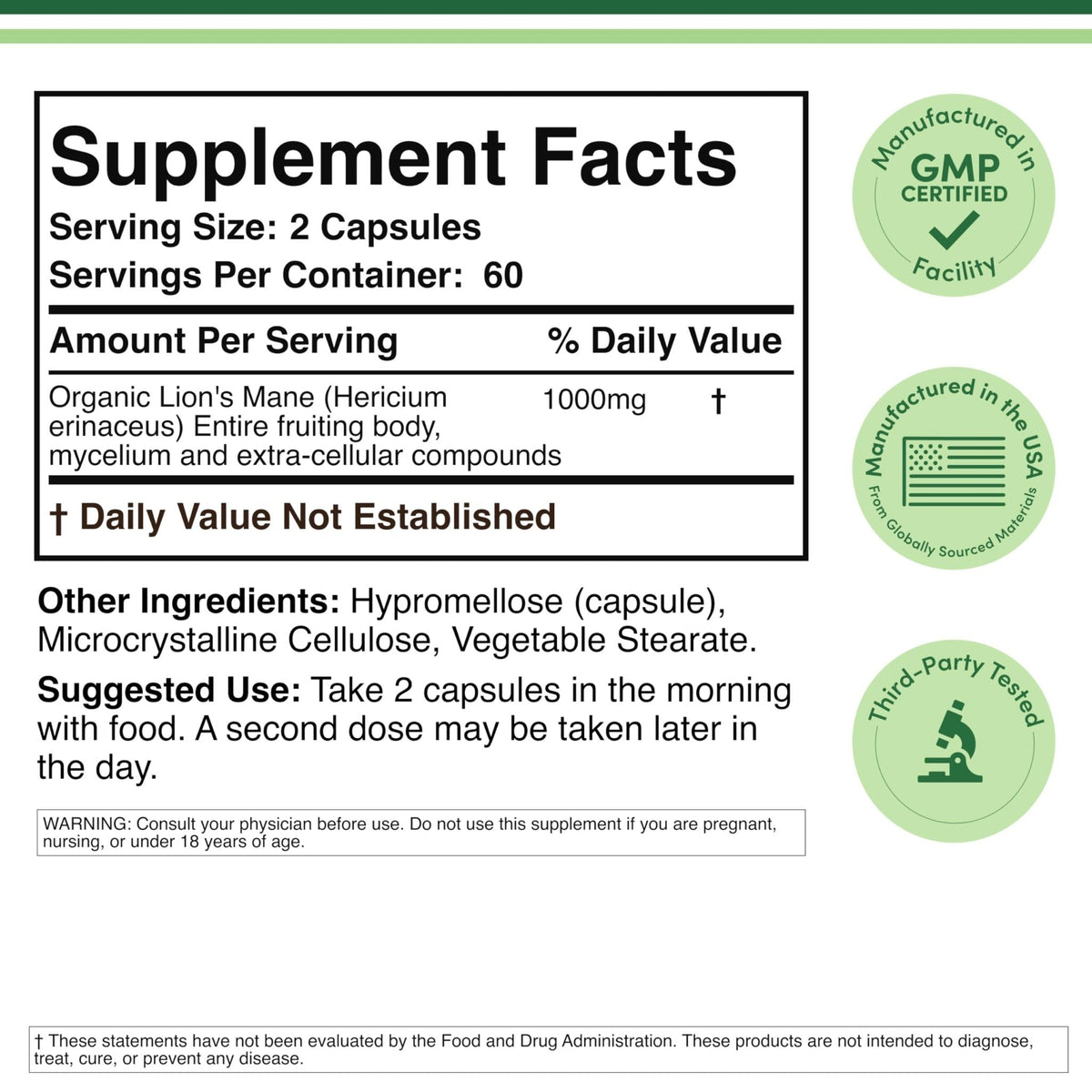 Organic Lions Mane Mushroom Capsules (120 Count), for Focus Support and Immune Health, Third Party Tested and Grown in The USA - by Double Wood - Maple Wellness Supplements