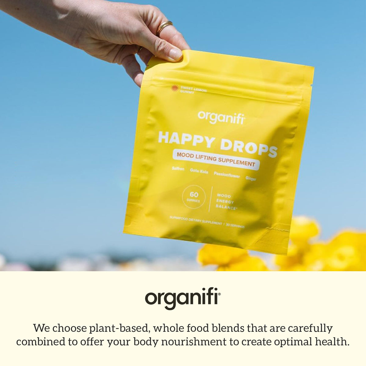 Organifi Happy Drops - Daily Superfood Happy Gummies for Adults - Mood Support Supplement for Balance, Bliss, Energy and Taking the Edge Off - Sweet Lemon Flavor - 60 Gummies - Maple Wellness Supplements