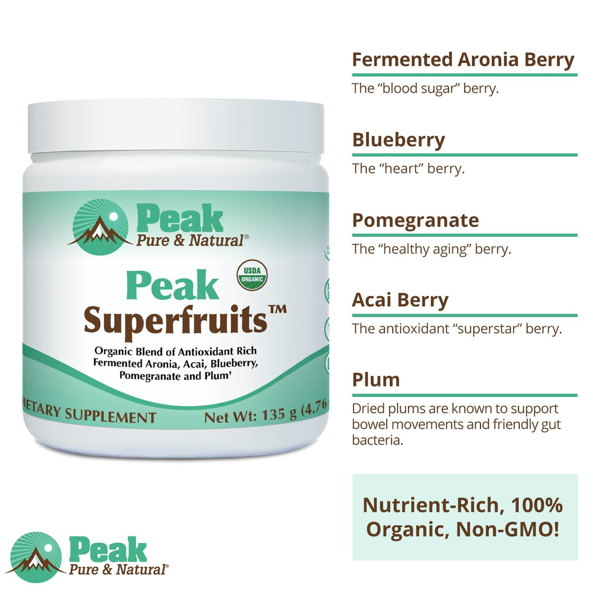 Peak Organic Superfruits - Polyphenol Rich Superfood Powder - Non-GMO Fermented Aronia Berry, Acai, Blueberry, Pomegranate, and Plum - Aging, Metabolic Health, Heart Health (30 Servings) - Maple Wellness Supplements