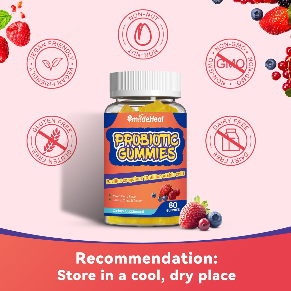 Probiotic Gummies for Digestive Health - 10 Billion CFU Bacillus Coagulans - Vegan & Non-GMO - Immune & Digestive Support for Men & Women - Strawberry & Mixed Berry Flavor - Maple Wellness Supplements