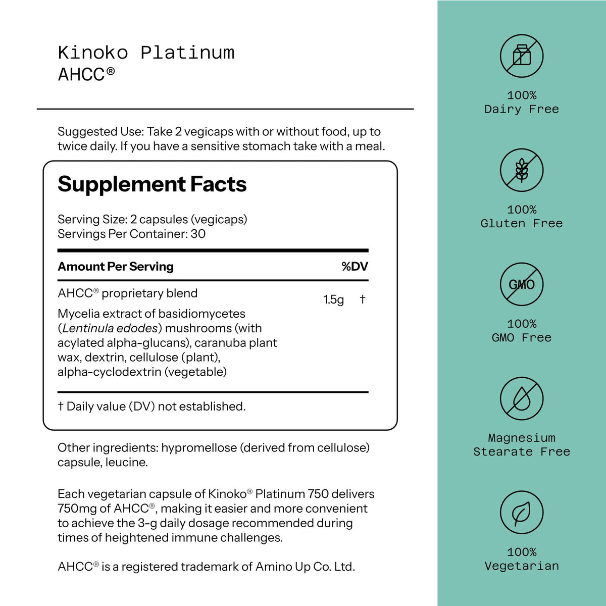 Quality of Life Premium Kinoko Platinum AHCC Herbal Supplement, 750mg per Capsule, for Immune Support, Liver Function, Maintains Natural Killer Cell Activity - Maple Wellness Supplements