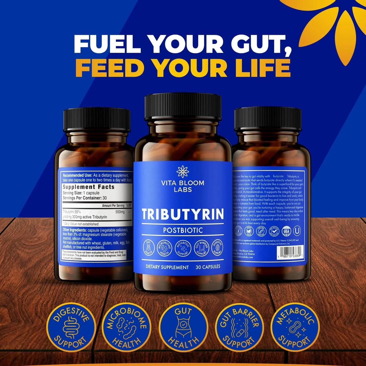 Tributyrin Supplement - Better Delivery & More Effective than Sodium Butyrate - Gut Health & Digestive Support - 3-in-1 Butyrate Postbiotics for Leaky Gut & Gut Barrier Support - 30 Capsules - Maple Wellness Supplements