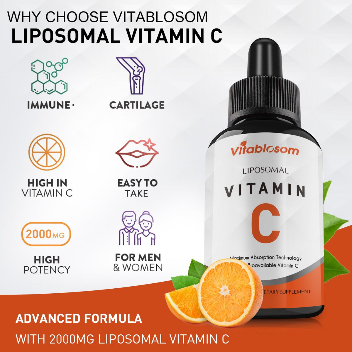 Vitablosom Liposomal Vitamin C 2000mg Liquid for Adults, High Absorption VIT C, Maximize Vitamin C, Immune System & Antioxidant Support, 60ML (2 Bottle) - Maple Wellness Supplements