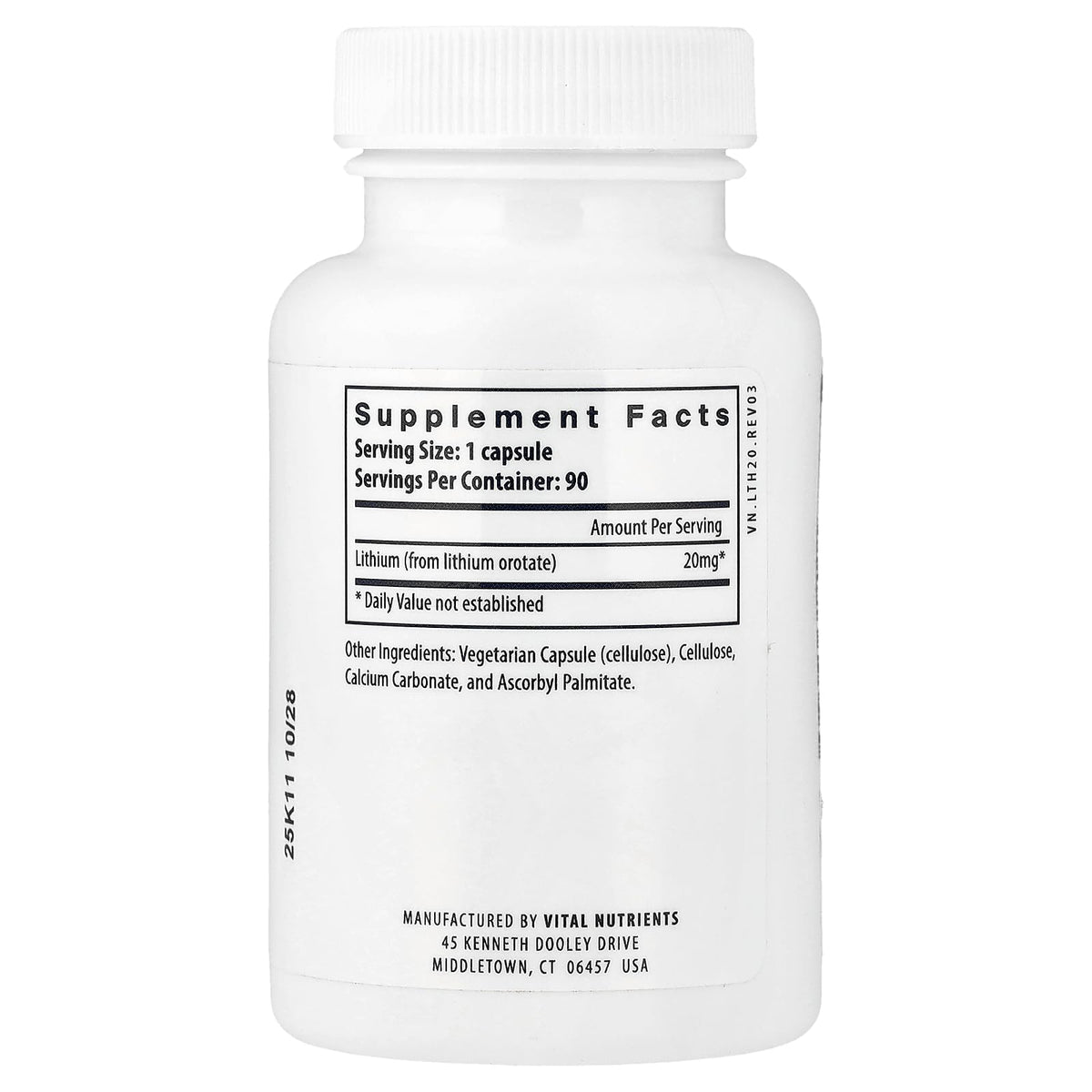 Vital Nutrients Lithium Orotate - Vegan Lithium Supplements for Memory, State of Mind, and Behavioral Health* - 20mg - Gluten, Dairy, Soy Free - 90 Capsules - Maple Wellness Supplements