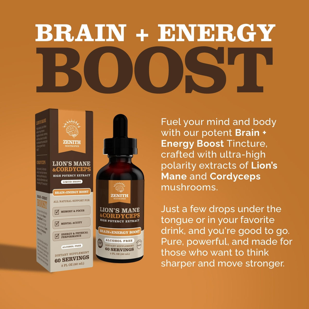 Zenith Nootropics Lion’s Mane & Cordyceps Supplement – Brain & Energy Support – Focus, Memory, Clarity, Immunity – Vegan, Alcohol-Free Tincture – Up-to 2-Month Supply, 2 fl oz - Maple Wellness Supplements