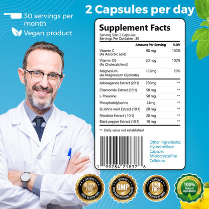 10-in-1 Cortisol Supplements with Magnesium, Ashwagandha, Chamomile, L-Theanine, St. John's Wort, Rhodiola, 60 Capsules, Cortisol Supplements For Women -& Men, Cortisol Reducer, High cortisol - Maple Wellness Supplements