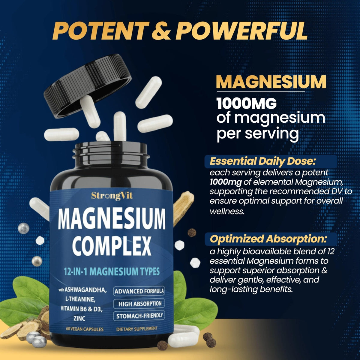 1000mg Magnesium Complex for Women and Men, 12 in 1 Magnesium Supplement with Ashwagandha, Zinc, D3, L-theanine. Easy to Swallow, High Absorption, Sleep Support & Stress Relief (60 Capsules) - Maple Wellness Supplements