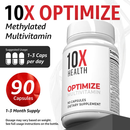 10X Health Optimize Methylated Multivitamin for Men - 90 Capsules, 34 in 1 Formula with 800 mcg of Vitamin B12, 5-MTHF, NAC - Maple Wellness Supplements