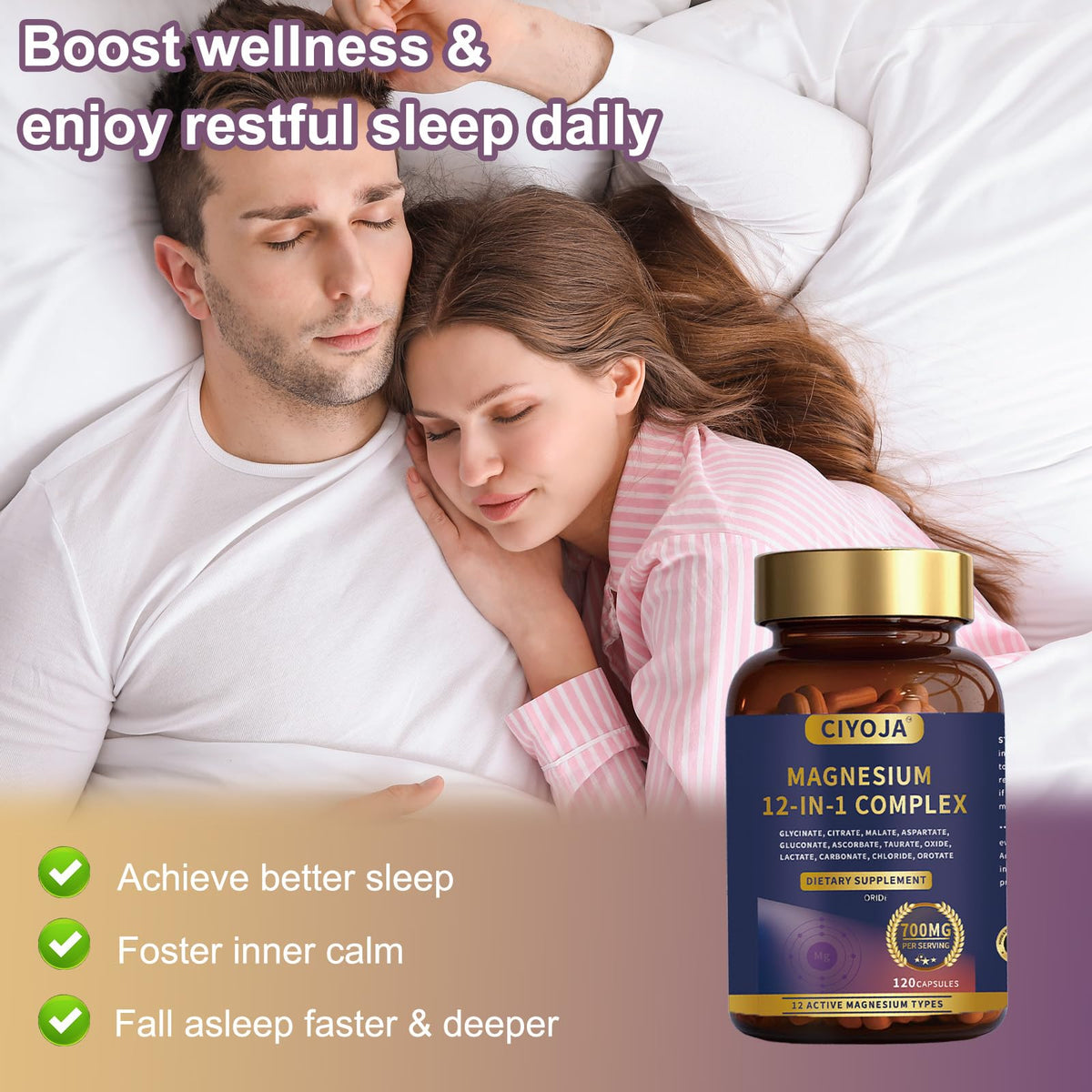 12-in-1 Magnesium Complex for Women Men: Magnesium Glycinate 700mg with Citrate, Malate Taurate Chelated Forms - High Absorption Magnesium Supplement for Relaxation Muscle Heart - 120 Vegan Capsules - Maple Wellness Supplements