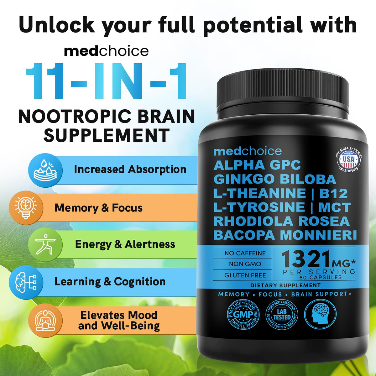 12-in-1 Nootropic Brain Supplement Anhydrous: Ginkgo Biloba for Brain Support, Memory and Focus - B12, Alpha GPC, L Theanine and Choline Supplements with Bioperine non Caffeinated 1321mg (120ct) - Maple Wellness Supplements