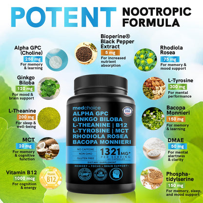 12-in-1 Nootropic Brain Supplement Anhydrous: Ginkgo Biloba for Brain Support, Memory and Focus - B12, Alpha GPC, L Theanine and Choline Supplements with Bioperine non Caffeinated 1321mg (120ct) - Maple Wellness Supplements