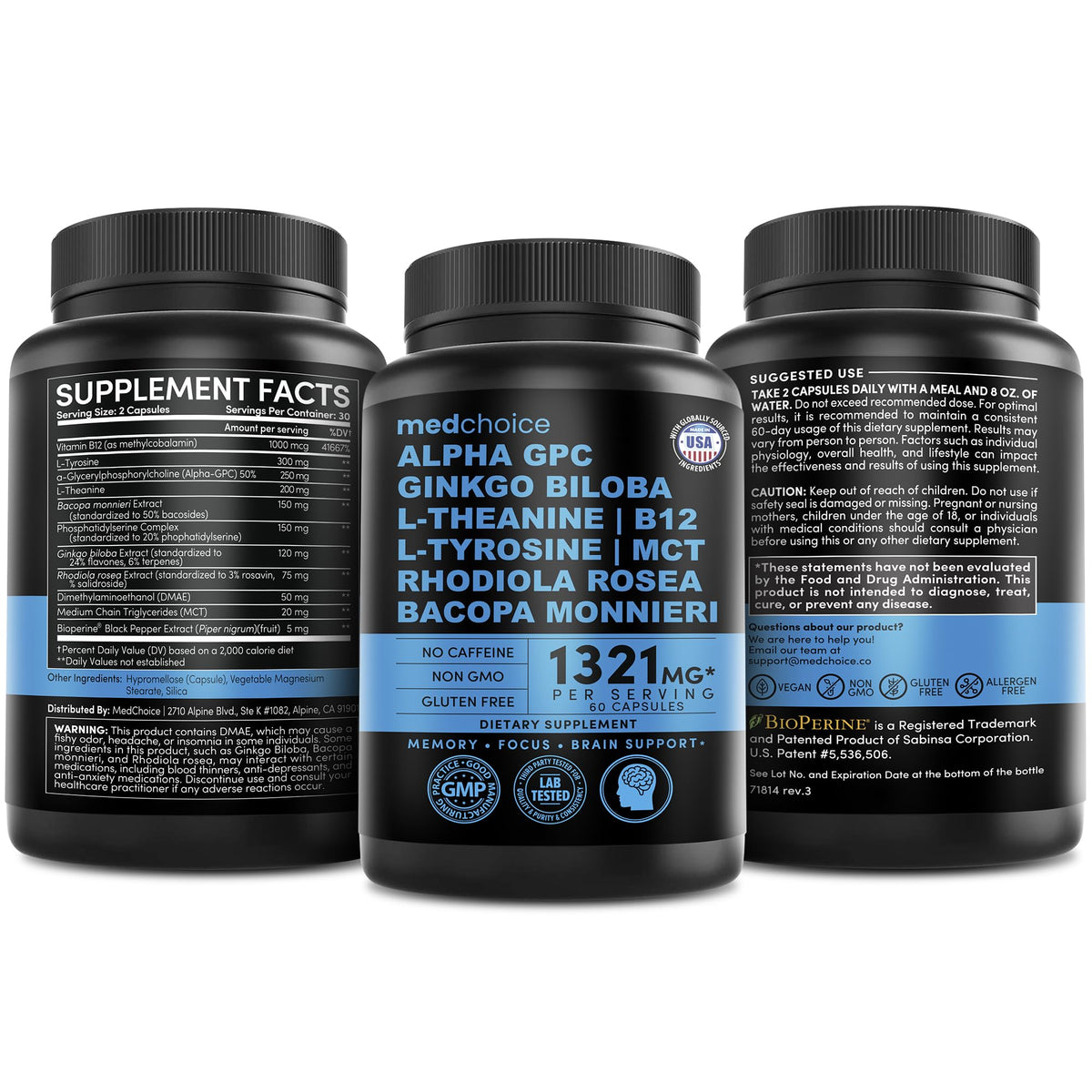 12-in-1 Nootropic Brain Supplement Anhydrous: Ginkgo Biloba for Brain Support, Memory and Focus - B12, Alpha GPC, L Theanine and Choline Supplements with Bioperine Non Caffeinated 1321mg (60ct) - Maple Wellness Supplements