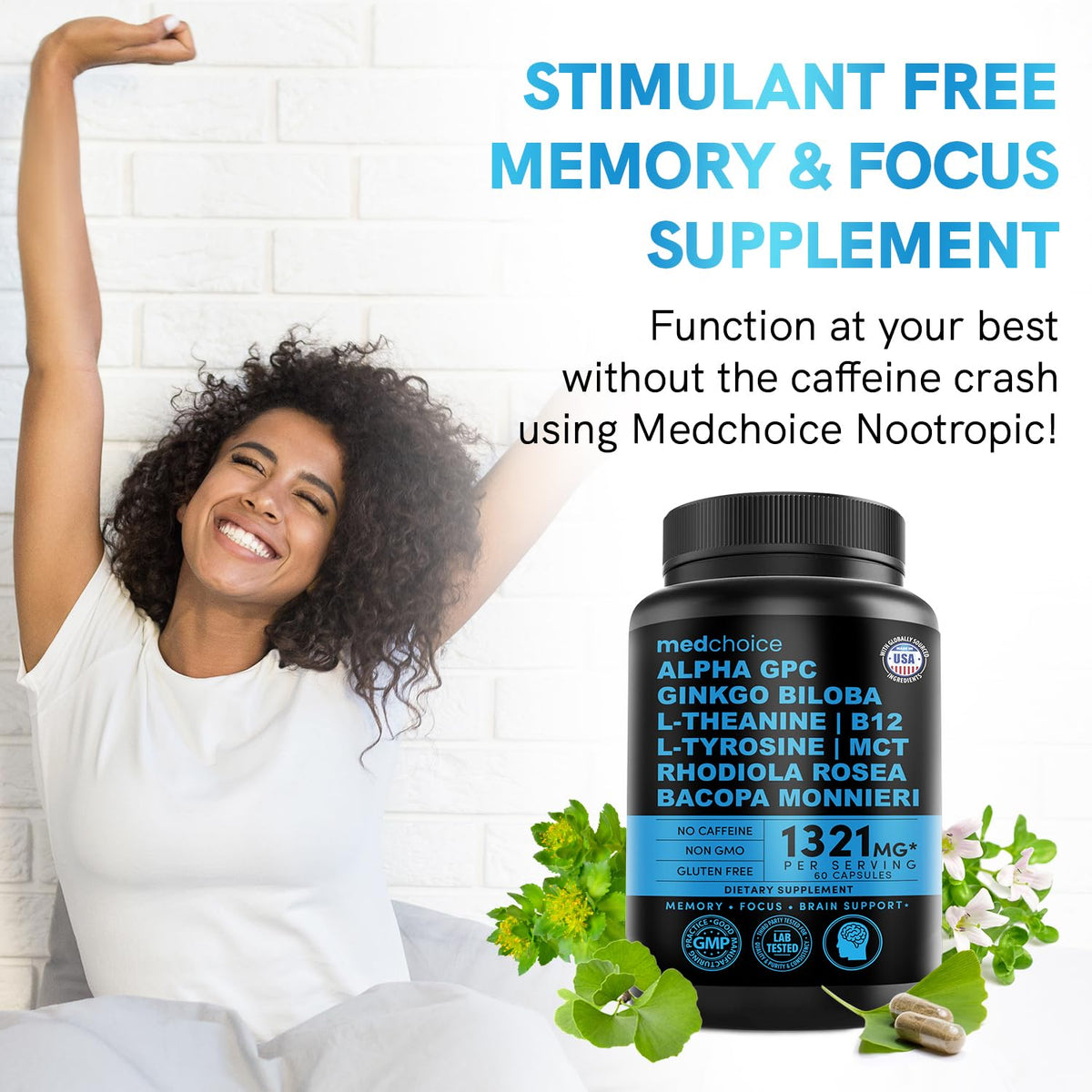 12-in-1 Nootropic Brain Supplement Anhydrous: Ginkgo Biloba for Brain Support, Memory and Focus - B12, Alpha GPC, L Theanine and Choline Supplements with Bioperine non Caffeinated 1321mg (120ct) - Maple Wellness Supplements