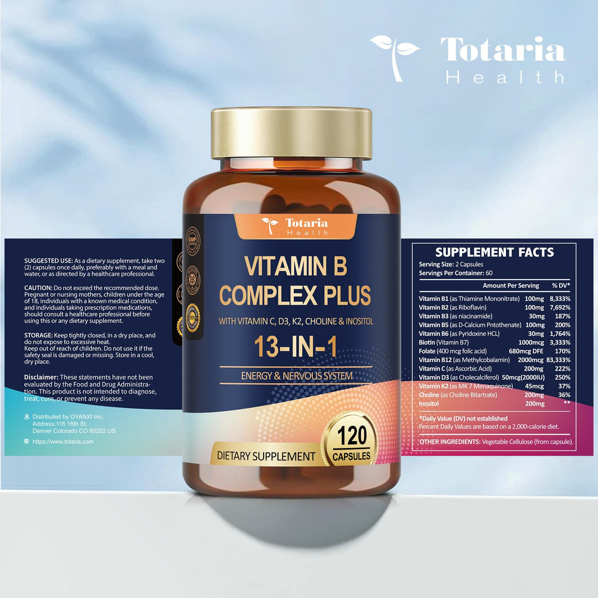 13-in-1 Vitamin B Complex Plus with Vitamin B1, B2, B3 (Niacinamide), B4, B5, B6, B7 (Biotin), B8 (Inositol), B9 (Folate), B12, C, D3, K2 - Energy, Nerve, - Maple Wellness Supplements