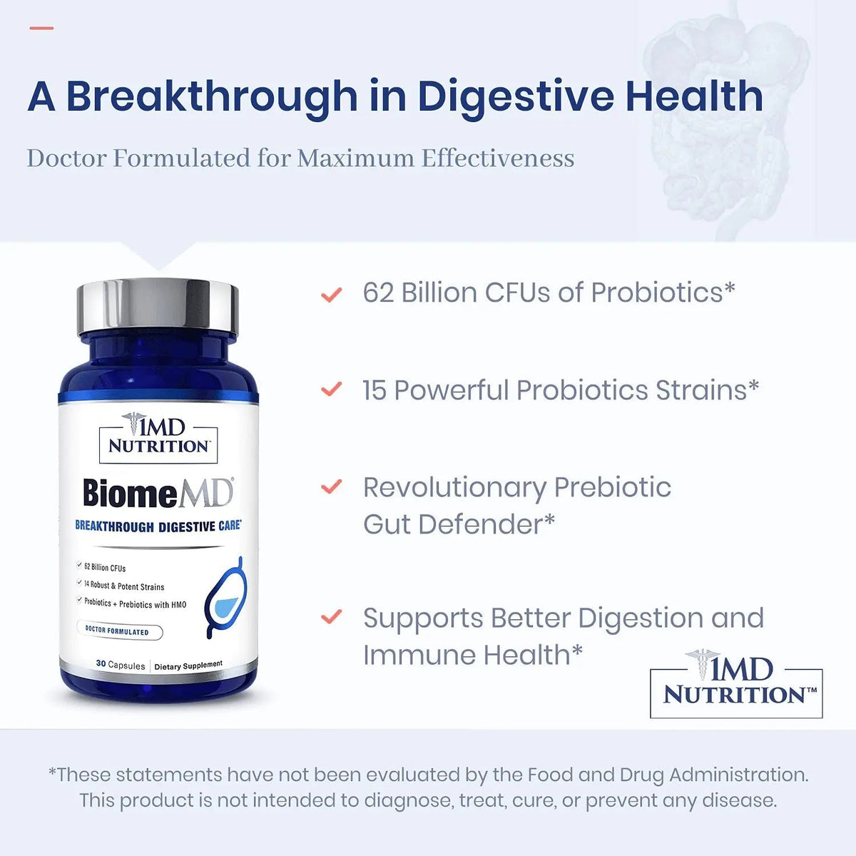1MD Nutrition BiomeMD Probiotics | 62 Billion CFUs, 15 Comprehensive Strains - Pro & Prebiotics | Doctor-Formulated for Digestive Health & Immune Support | 30 Capsules - Maple Wellness Supplements