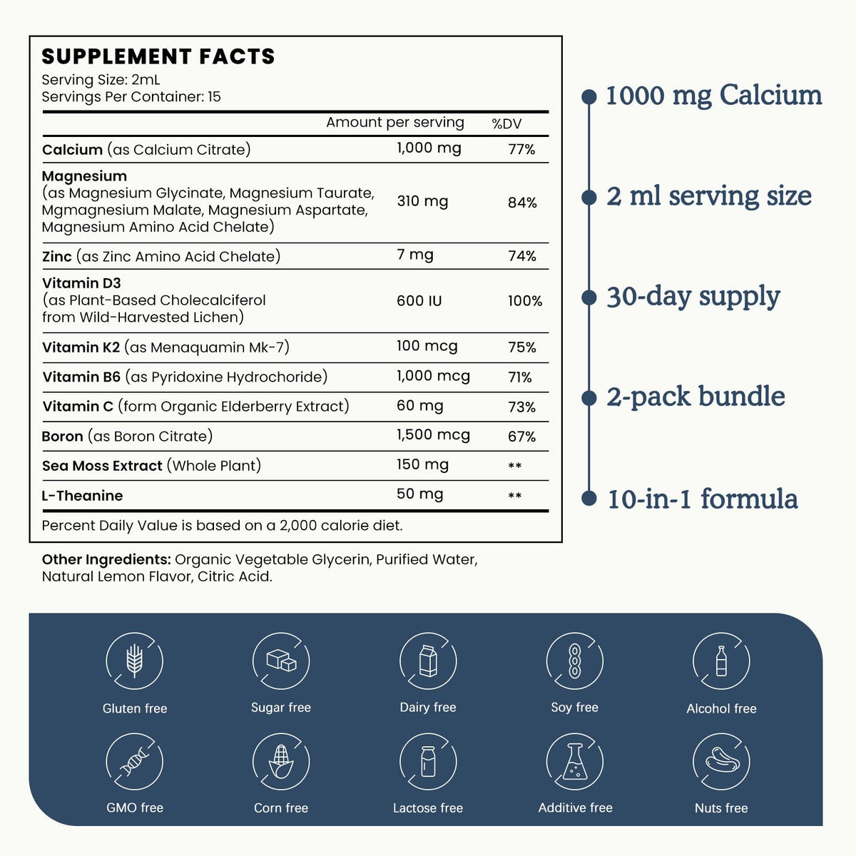 (2 Pack) 10 in 1 Magnesium Calcium Zinc Supplement with Vitamin C D3 K2, Glycinate Mag Vegan Liquid Drops Plus L-Theanine Boron Sea Moss Extract, Immune Support - Maple Wellness Supplements