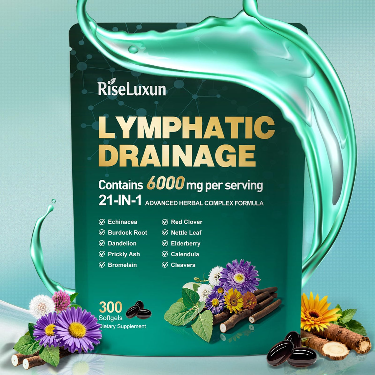 21-in-1 Liposomal Lymphatic Drainage Supplements, 100 Day Supply, 6000mg Lymph System Support for Women & Men with Echinacea, Dandelion, Burdock, Bromelain, Calendula, Turmeric & More, 300 Softgels - Maple Wellness Supplements