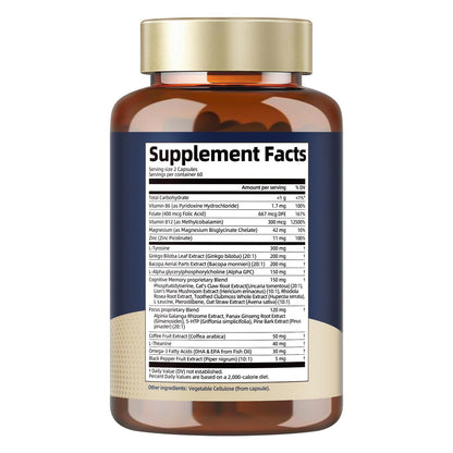 25 in 1 Brain Supplements for Memory and Focus & Neuro Health - Daily Brain Nootropic Cognitive Supplement with L-Tyrosine, Bacopa Monnieri, Ginkgo Biloba, Alpha GPC - Non-GMO, Gluten Free - Maple Wellness Supplements