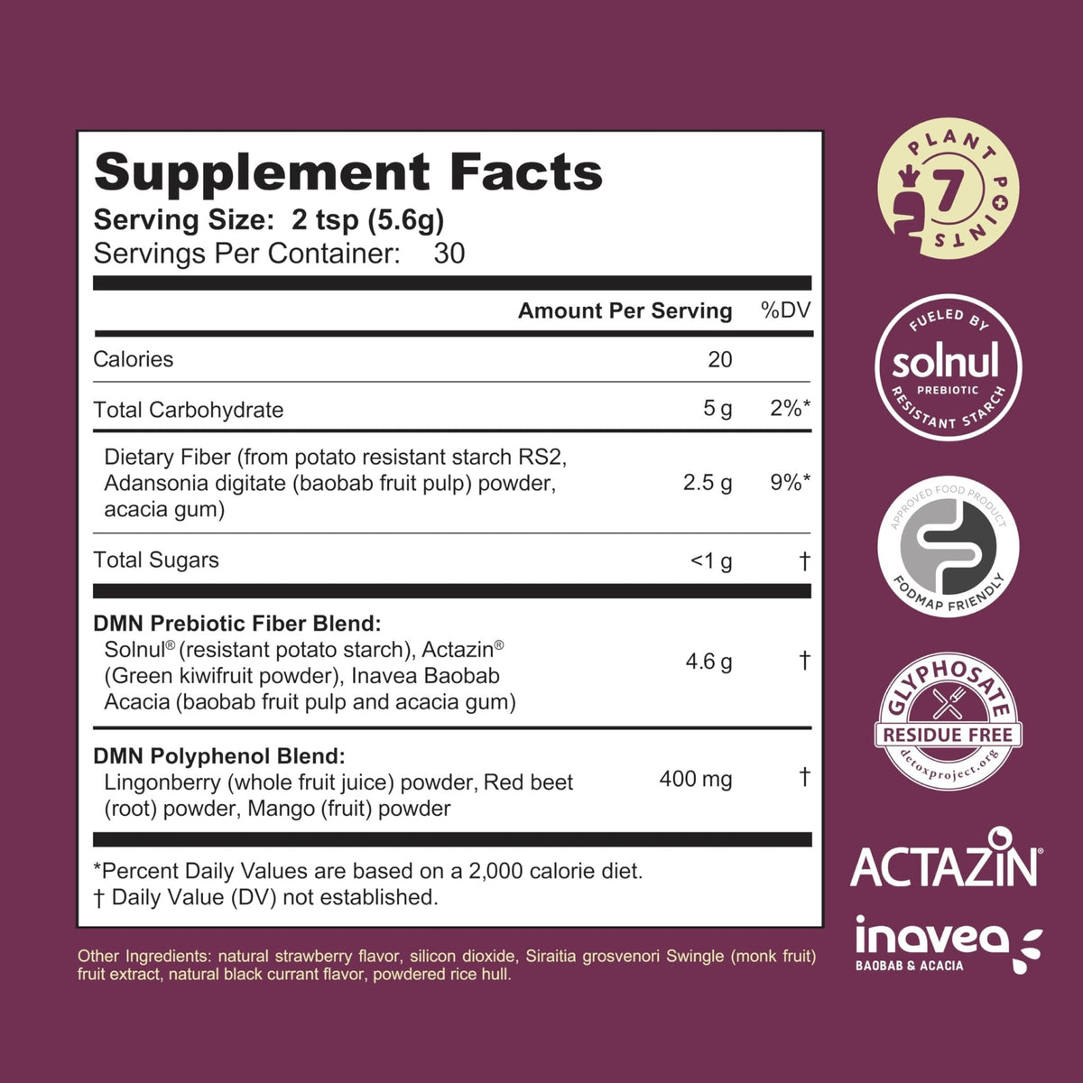38TERA DMN (Daily Microbiome Nutrition), 6 Oz, Plant-Based Fiber Powder with 3 Different Prebiotics, Helps Digestive & Gut Health, Low FODMAP Supplement, Vegan, Wild Berry Flavor, 30 Servings - Maple Wellness Supplements